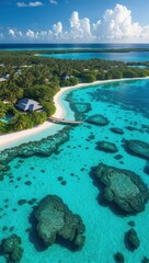 Obraz premium Tropical island landscape aerial view. Blue ocean surrounds sandy beach with green trees and coral reefs in clear turquoise water. Sunny day with clouds.