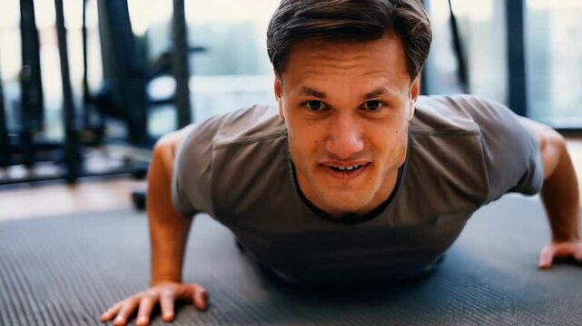Gym goer performs push ups on a mat