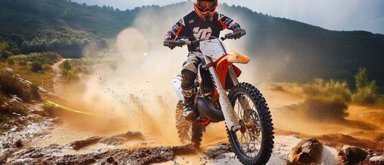 Obraz premium Rider on a Cross-Country Enduro Motorcycle Racing Fast, Drift Action in Thrilling Motocross Adventure, Moto Sport Isolated on Background with Copy Space. Motorsport Concept with Copy Space.