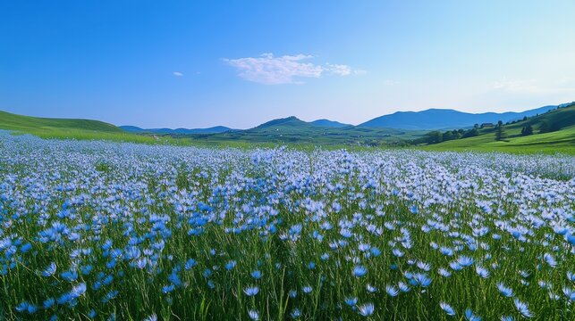 Beautiful view of green flax field with small blue flowers in front close-up and blue sky in countryside in spring. Flax blooming before harvest. Agriculture concept