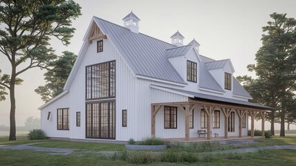 Fototapeta premium Contemporary barnhouse highlighting Scandinavian architectural elements.