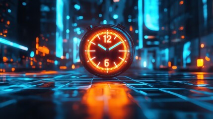A glowing clock floating in a futuristic cityscape environment