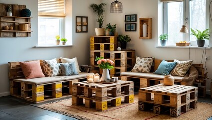 Cozy living room interior with pallet furniture. Sofas and tables made of wooden pallets, decorated with pillows and plants. Natural light in modern home.
