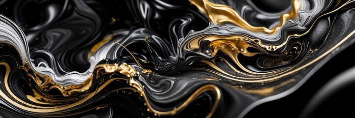 Fluid art wallpaper. Black and gold liquid paints mix. Abstract backdrop created by pouring shiny metallic gold, black and white colors into wavy motion ultrawide banner