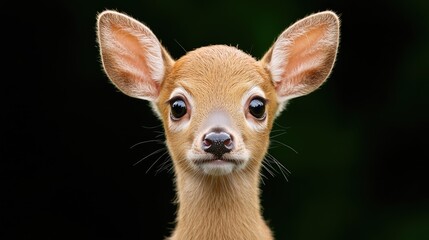Close-up of fawn in nature, wildlife portrait, adorable baby deer, outdoors