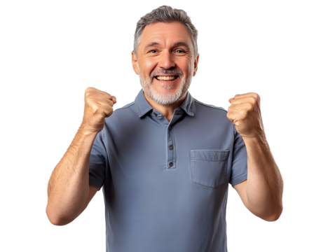 Portrait of a satisfied mature man celebrating success isolated over transparent background