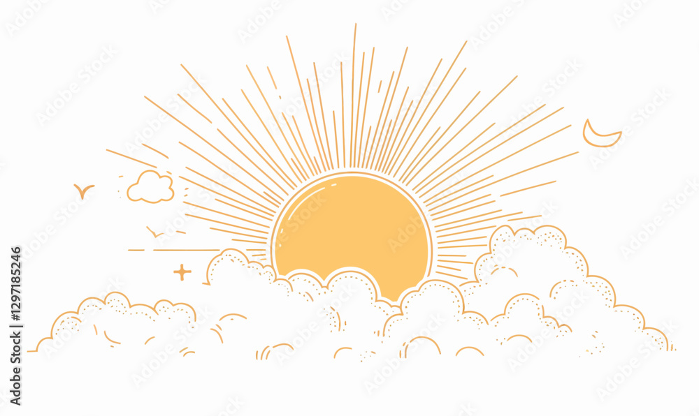 Aufkleber minimalist continuous line art sun and clouds svg vector with rays