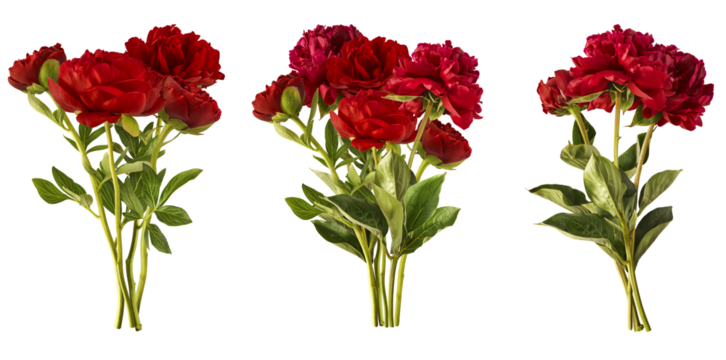 Creative set collection with Beautiful Red Peony falling in the air isolated on white background. High resolution. Zero gravity or levitation concept.