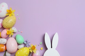 Happy Easter. Colorful eggs and white bunny ears on color background, space for text or advertising