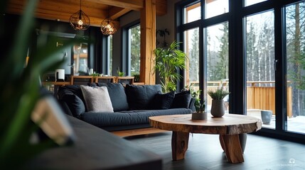 A Cozy Interior Showing A Living Room And A Forest View
