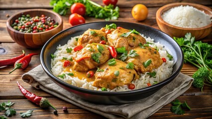 Chicken fricassee served with steaming hot basmati rice and fresh herbs , spices , meal,  spices , meal, curry, plate, chicken