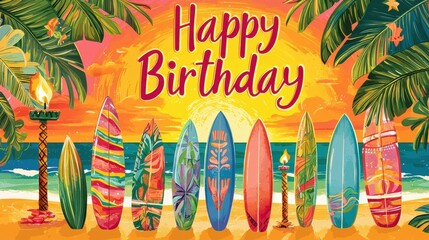 Colorful Beach Party Birthday Card with Surfboards and Tropical Sunset Design for Celebration