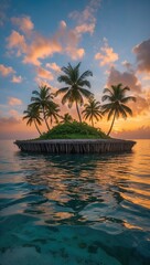 Tropical island with palm trees at sunset. Golden light reflecting on ocean water. Clear turquoise water shows sand and coral.