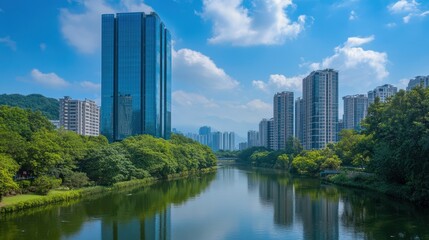 Cityscape reflecting on tranquil river, lush green landscape, sunny day, urban view, excellent background for presentation materials, possible use stock photo