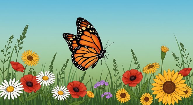 Monarch Butterfly Flying Over Wildflower Meadow Illustration on Sunny Day