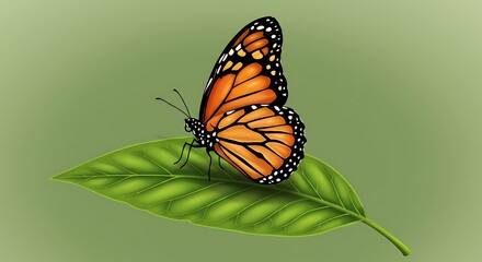 Obraz premium Monarch Butterfly Resting on Green Leaf in Gentle Light Illustration