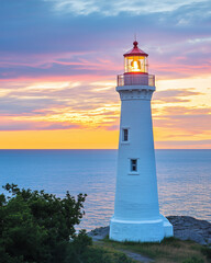 Naklejka premium Rustic lighthouse on rugged cliff during vibrant sunset
