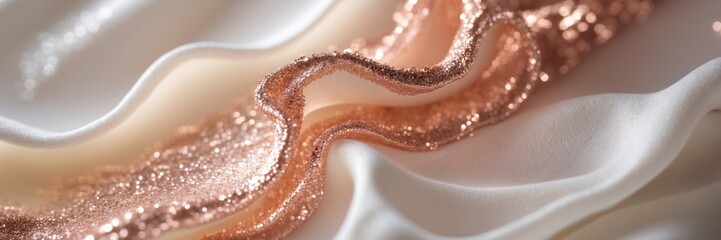 Silk fabric waves with rose gold glitter. Shiny elegant textile texture in light. Material backdrop for fashion or celebration theme ultrawide, banner