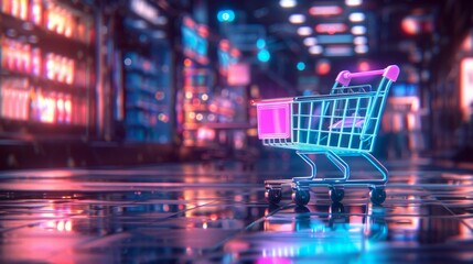 Neon illuminated metal shopping cart representing online shopping and black friday promotions
