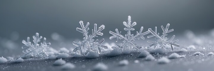 Close up of clear snowflakes laying on snowy ground during winter. Shiny ice crystals display frosty details against gray background ultrawide, banner