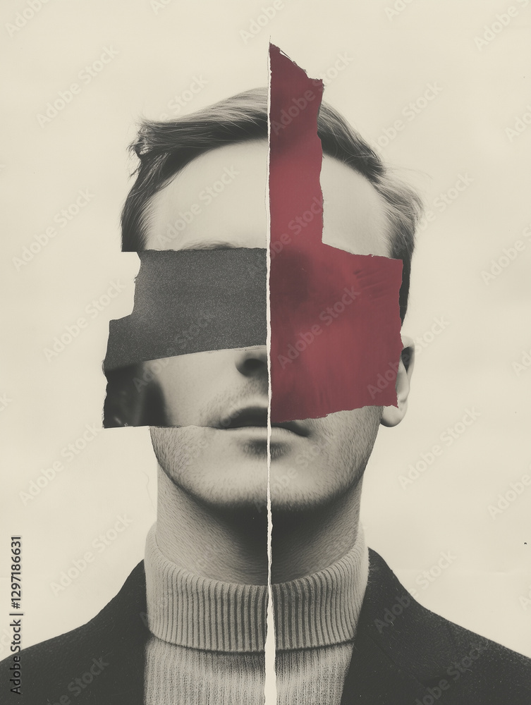 Poster collage style image of man face split vertically with torn paper effect