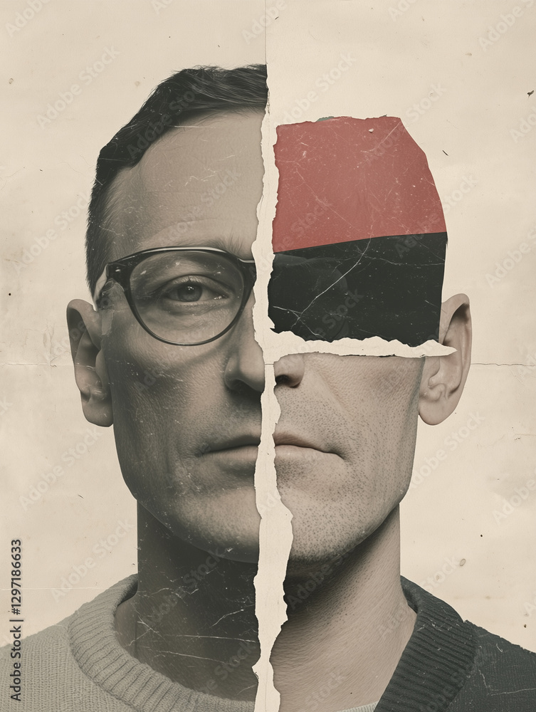 Poster collage style image of man face split vertically, with one side realistic and other abstract