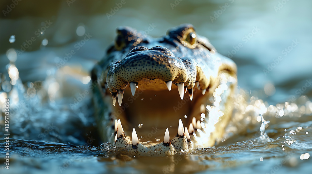 Poster crocodile emerging from water with its mouth open, showing sharp teeth