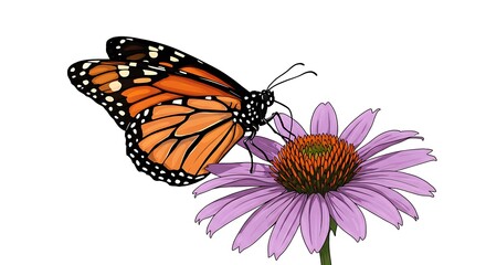 Naklejka premium Monarch Butterfly Resting on Purple Coneflower Blossom Vector Illustration