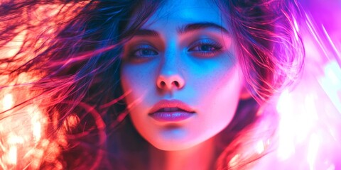 A captivating portrait featuring a woman with vibrant flowing hair illuminated by colorful lights. The stylish photography highlights her beauty and expression. Perfect for artistic projects. AI
