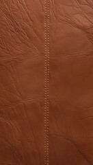 Brown leather background with center seam. Crinkled surface and visible stitching detail texture.