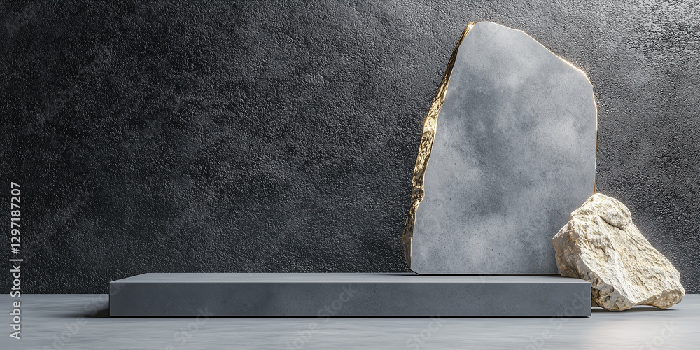 Poster minimalist stone platform with textured wall and rocks, creating luxury display