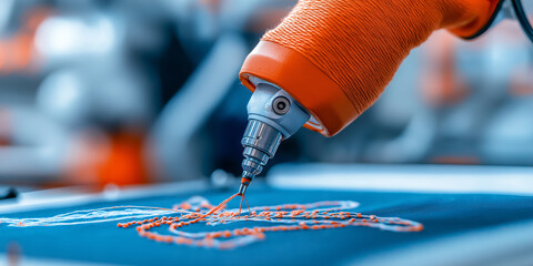robotic arm intricately embroiders design on fabric, showcasing precision