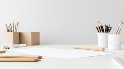 Obraz premium Blank white paper lies on a clean desk surrounded by wooden pencils and paintbrushes in holders, ready for creative sketching in a bright studio.