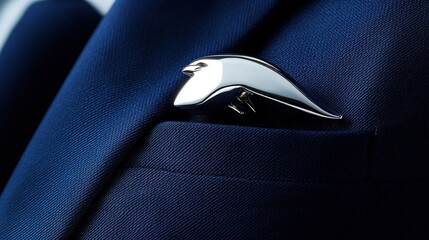 Polished Silver Cufflink Shaped Like Eagle on Navy Blue Suit
