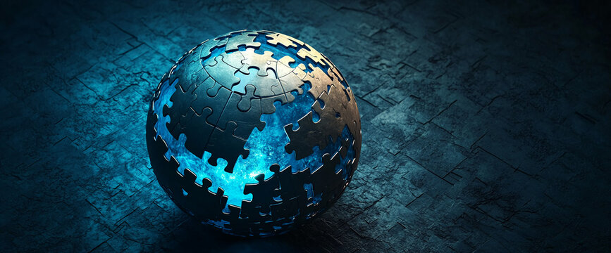 3D globe puzzle sphere on a dark surface, with pieces glowing in blue, symbolizing the concept of global connection, unity, and technology in a futuristic digital style.