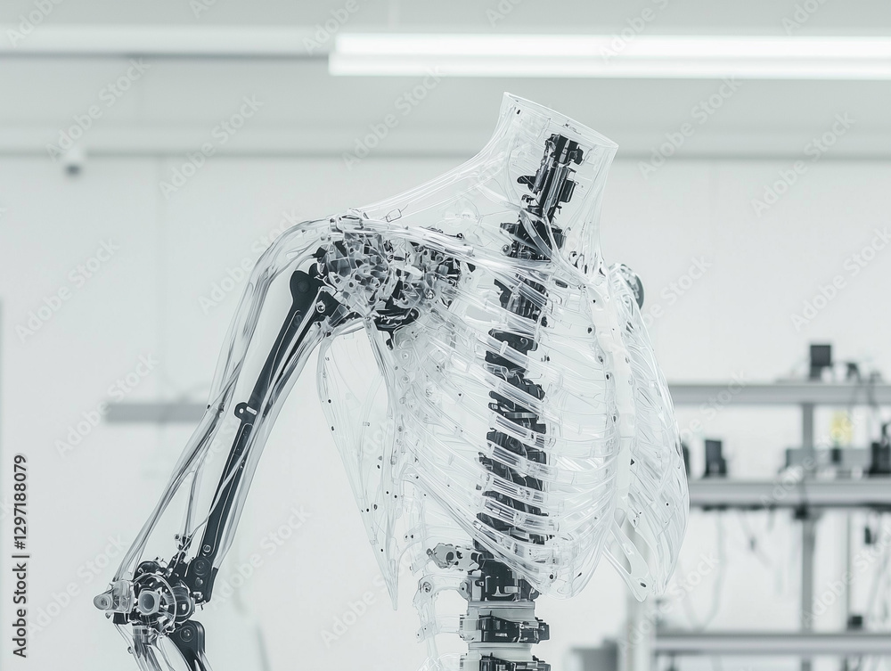 Poster transparent robotic torso with visible mechanical components in lab
