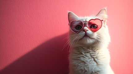Fluffy White Cat in Heart-Shaped Glasses on a Bright Pink Background Perfect for Romantic Personalizations