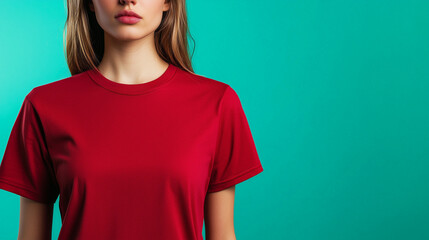 Obraz premium woman in red t shirt stands against vibrant turquoise background