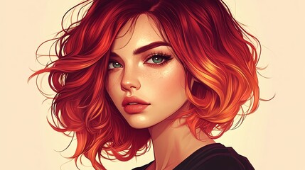 Obraz premium Beautiful Woman with burgundy balayage , hair coloring technique. Beauty model girl with short soft wavy hair . curly hairstyle dye .Fashion, cosmetics and makeup