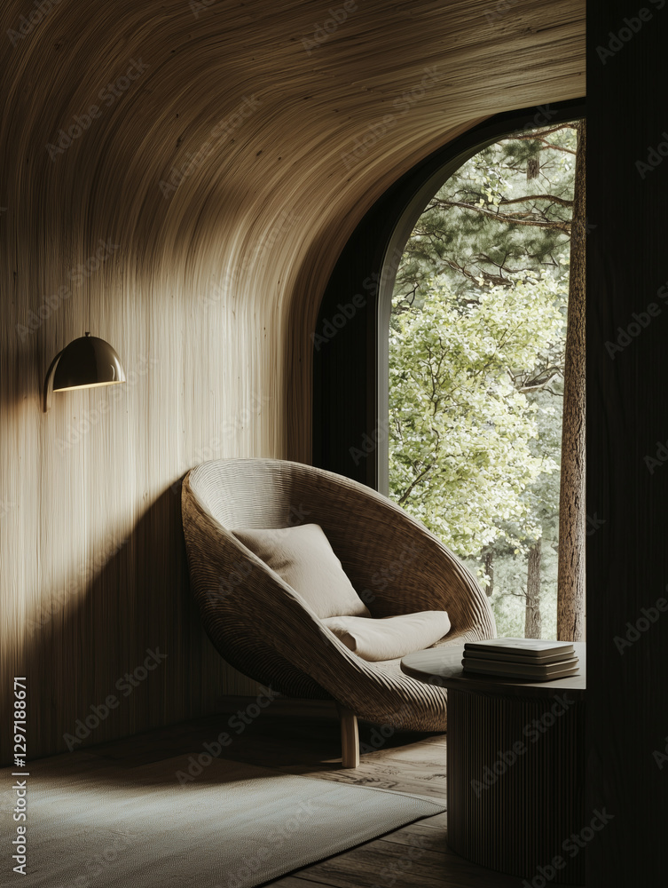 Aufkleber cozy reading nook with wicker chair and view of lush greenery through large window