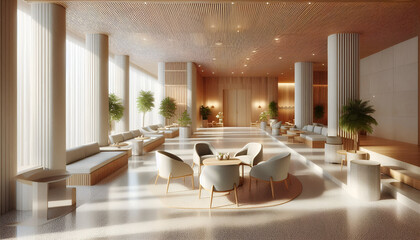 Contemporary hotel lobby with natural light and elegant seating
