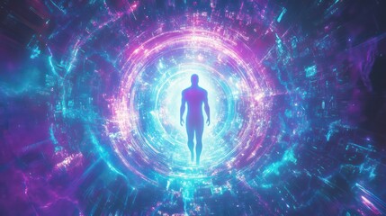 A Silhouetted Person Is Entering Through A Portal Of Light
