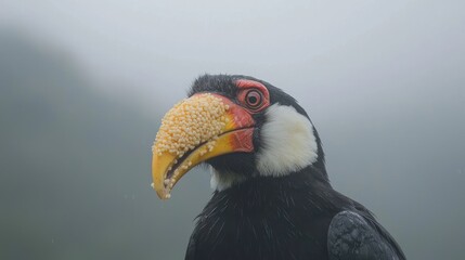 Obraz premium Plate-billed mountain toucan perched in a misty cloud forest environment during an overcast day.
