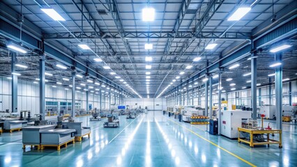 Energy-efficient LED lighting illuminates a factory floor with rows of machinery and production lines in industrial settings, technology, green industry