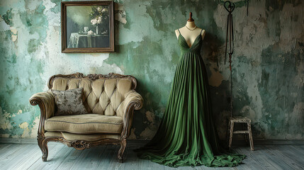 Stylish olive green dress displayed on a mannequin amidst elegant neutral-toned decor and soft lighting that enhances its luxurious fabric and flow