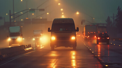 Fototapeta premium Morning Commute: Delivery Van Navigating Traffic through Dense Fog on Bustling Highway