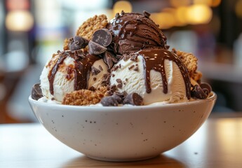 Indulgent Dessert Bowl Filled with Ice Cream Scoops, Chocolate Sauce, Crunchy Toppings, and Rich Chocolate Chips in a Cozy Café Setting