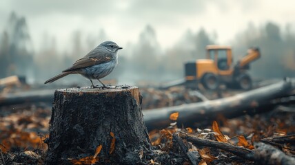 Bird on a Stump in a Logging Area with Construction Equipment in the Background (Threat: Habitat Loss)