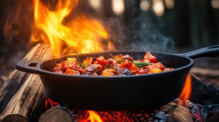 An appetizing array of vegetables and meats sizzling in a skillet over an open campfire, evoking a sense of warmth, community, and delicious outdoor dining.