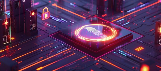 Futuristic Digital Payment Security Concept with Glowing Fingerprint and Data Streams Design